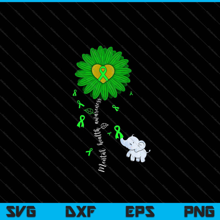 Concientización sobre la salud mental Girasol Cinta Verde Elefante SVG PNG Cortar archivos imprimibles