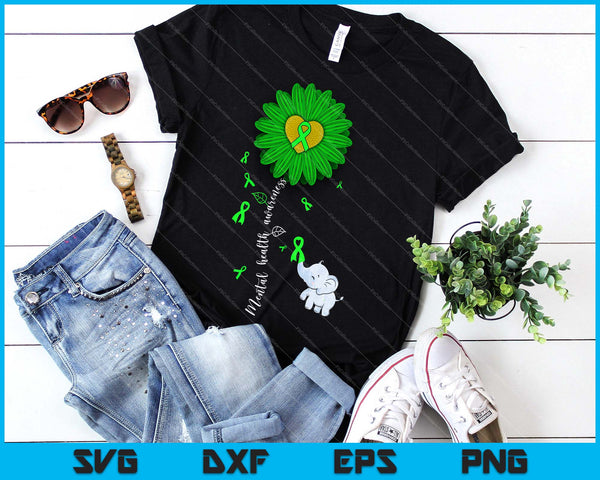 Geestelijke gezondheid bewustzijn zonnebloem groen lint olifant SVG PNG snijden afdrukbare bestanden - on a t-shirt