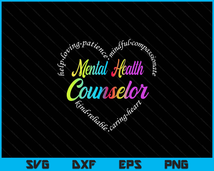 Mental Health Counselor Heart Word Cloud Watercolor Rainbow SVG PNG Digital Printable Files