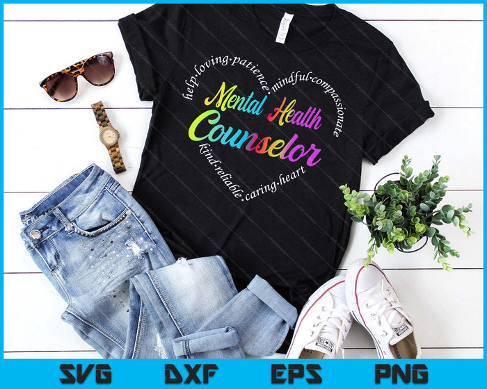 Mental Health Counselor Heart Word Cloud Watercolor Rainbow SVG PNG Digital Printable Files