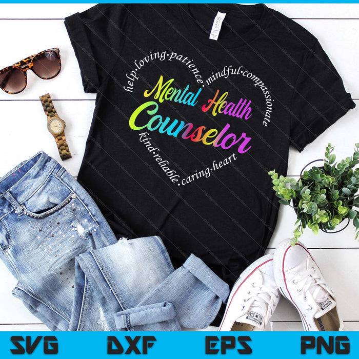 Mental Health Counselor Heart Word Cloud Watercolor Rainbow SVG PNG Digital Printable Files