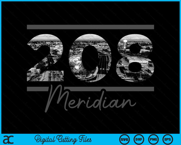 Meridiaan 208 Netnummer Skyline Idaho Vintage SVG PNG digitale snijbestanden 