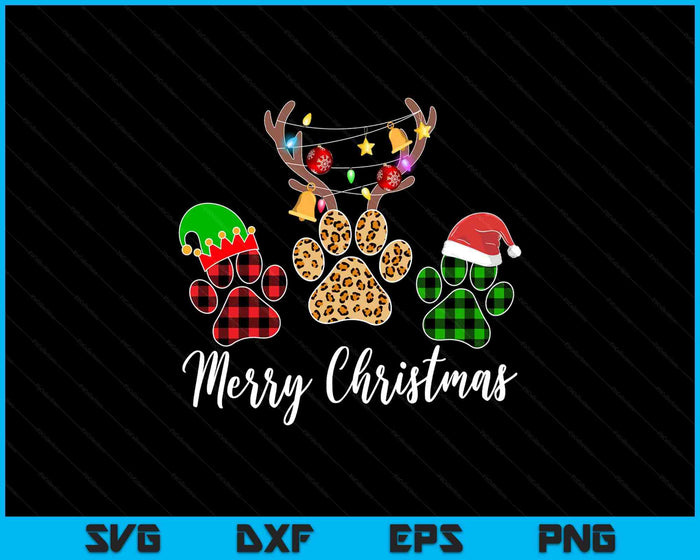 Merry Christmas Dog Paws Lights Buffalo Plaid & Leopard Xmas SVG PNG Digital Cutting Files