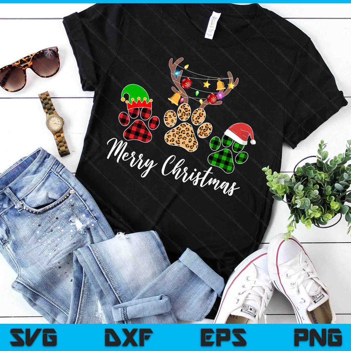 Merry Christmas Dog Paws Lights Buffalo Plaid & Leopard Xmas SVG PNG Digital Cutting Files