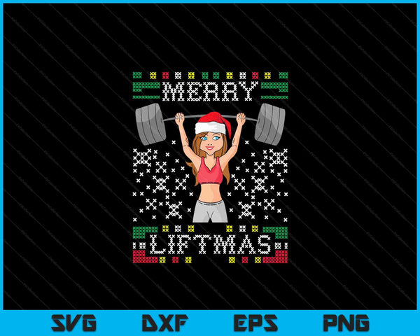 Merry Liftmas Ugly Christmas Sweater Miss Santa Gym Workout SVG PNG digitale snijbestanden
