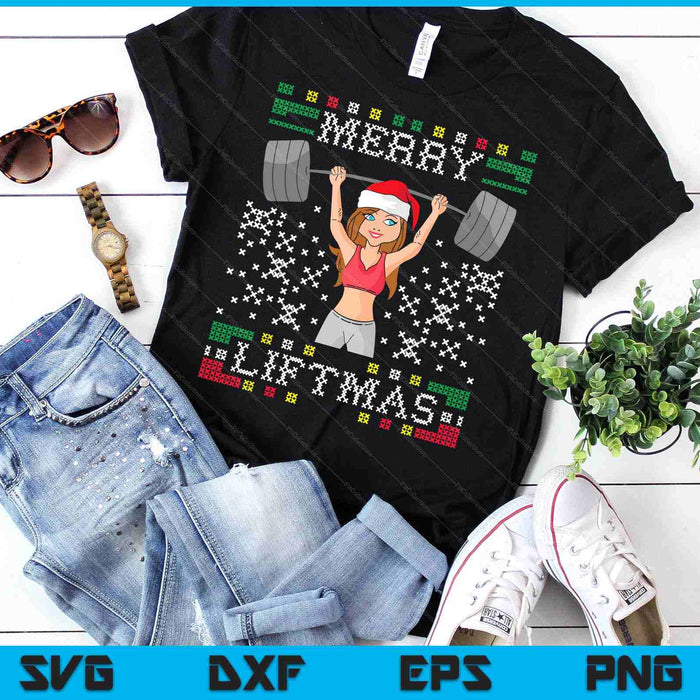 Merry Liftmas Ugly Christmas Sweater Miss Santa Gym Workout SVG PNG Digital Cutting Files
