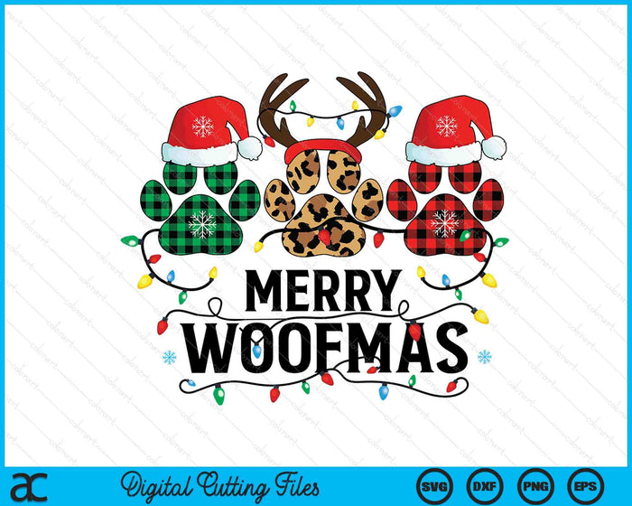 Merry Woofmas Christmas Dog Paws Lights Buffalo Plaid SVG PNG Digital Printable Files