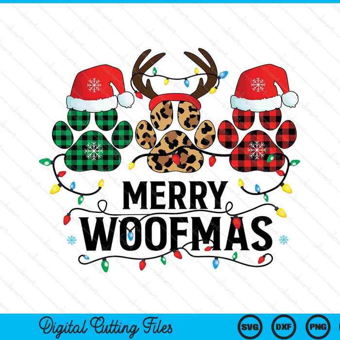 Merry woofmas Christmas dog paws lights Buffalo plaid SVG PNG cut file for Cricut
