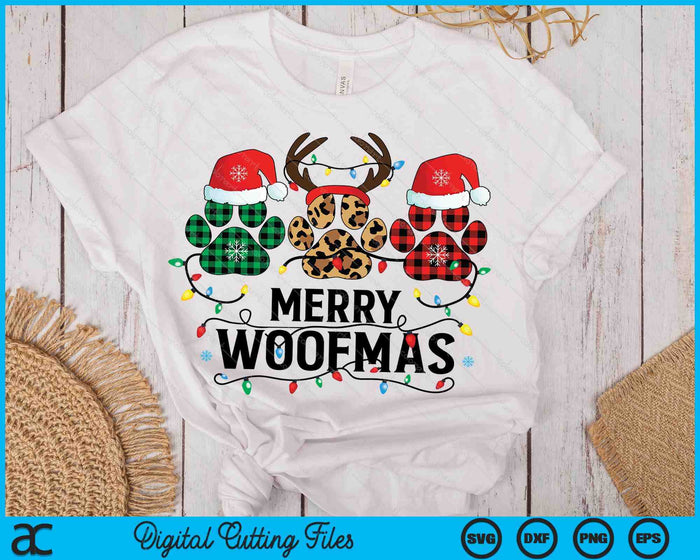 Merry Woofmas Christmas Dog Paws Lights Buffalo Plaid SVG PNG Digital Printable Files