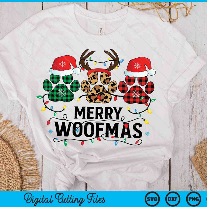 Merry Woofmas Christmas Dog Paws Lights Buffalo Plaid SVG PNG Digital Printable Files