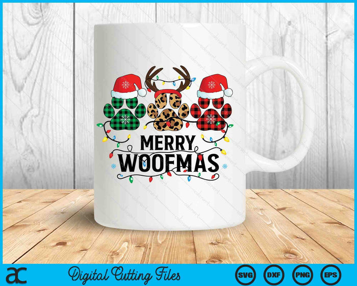 Merry Woofmas Christmas Dog Paws Lights Buffalo Plaid SVG PNG Digital Printable Files