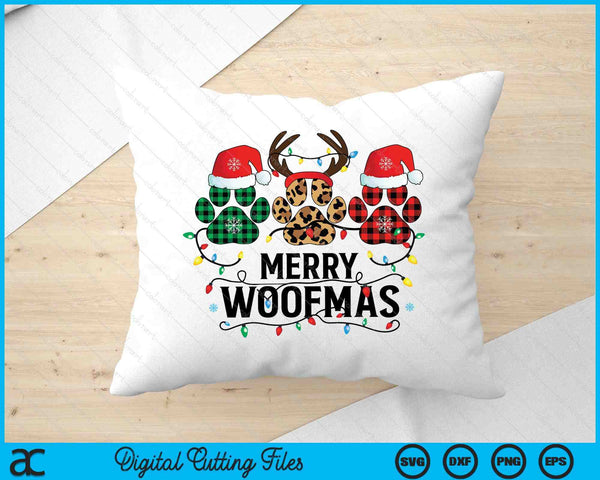 Merry Woofmas Christmas Dog Paws Lights Buffalo Plaid SVG PNG Digital Printable Files