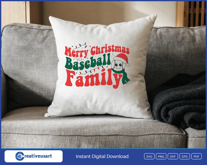 Merry Christmas Baseball Family smiling ball SVG design on a white throw pillow