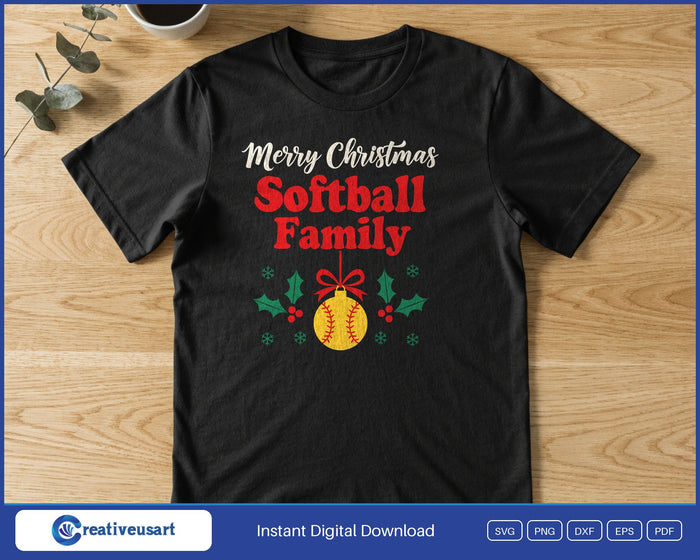 Merry Christmas Softball Family ornament SVG printed on a black t-shirt