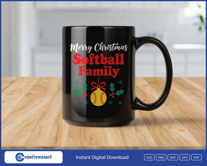 Merry Christmas Softball Family ornament SVG design on a black coffee mug