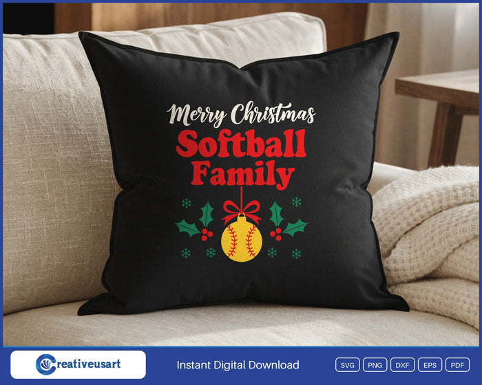 Merry Christmas Softball Family ornament SVG design on a black throw pillow