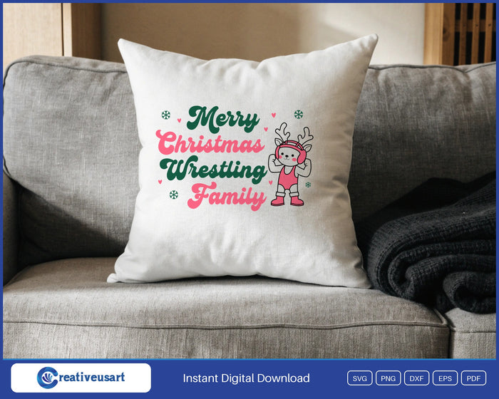 Merry Christmas Wrestling Family reindeer wrestler SVG design on a white throw pillow