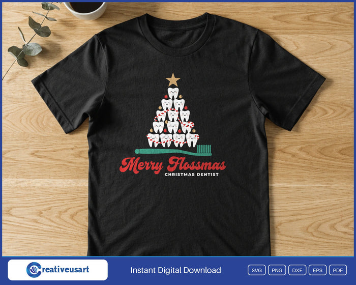 Merry Flossmas tooth Christmas tree SVG design shown on a t-shirt