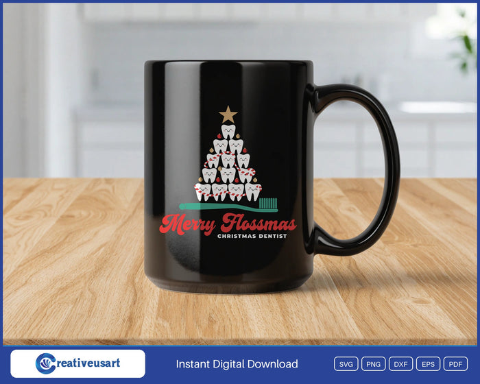 Merry Flossmas tooth Christmas tree SVG design on a mug