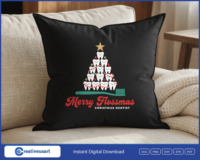 Merry Flossmas tooth Christmas tree SVG design on a throw pillow