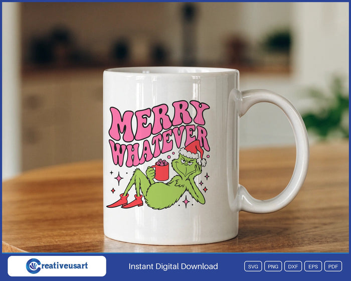 Merry Whatever Funny Christmas Cocoa SVG design on a white coffee mug
