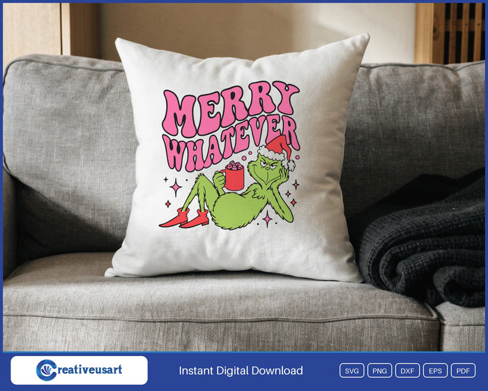 Merry Whatever Funny Christmas Cocoa SVG design on a white throw pillow