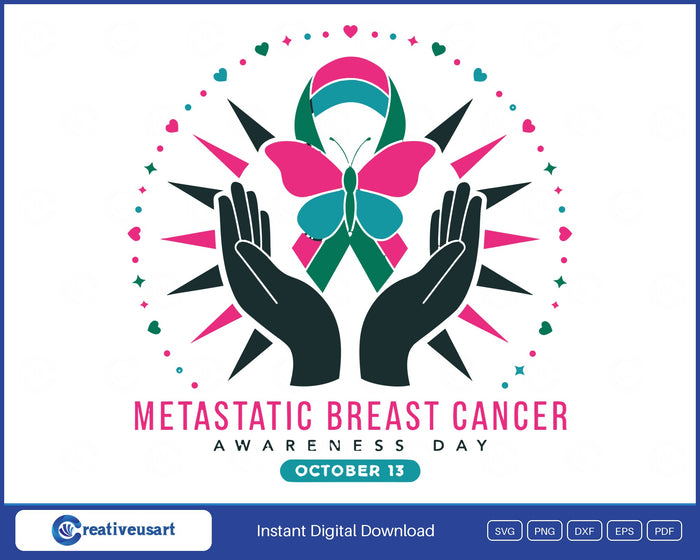 Metastatic Breast Cancer Awareness Day October 13 SVG with two hands lifting a pink, green and teal ribbon and a butterfly, on white background