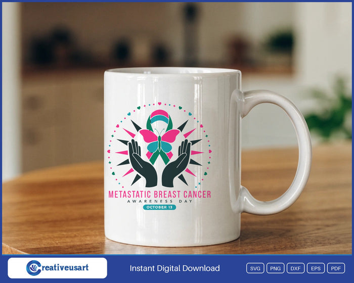 Metastatic Breast Cancer Awareness Day October 13 SVG with two hands lifting a pink, green and teal ribbon and a butterfly, on white background
