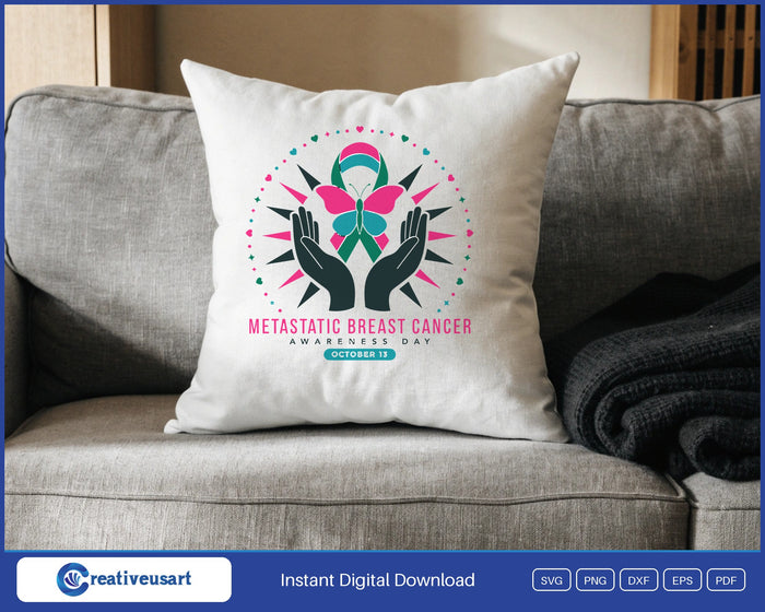 Metastatic Breast Cancer Awareness Day October 13 SVG with two hands lifting a pink, green and teal ribbon and a butterfly, on white background