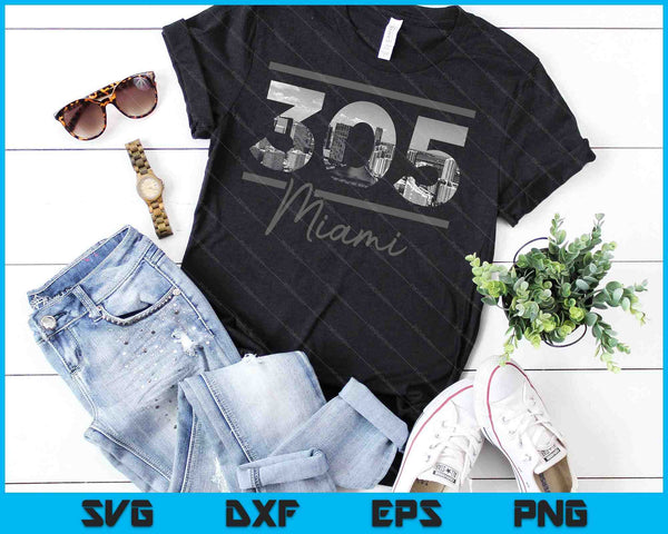 Miami 305 Código de área Skyline Florida Vintage SVG PNG Cortar archivos imprimibles - on a t-shirt