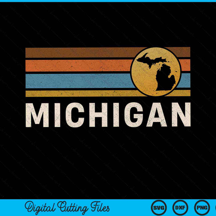 Michigan Mapa del estado de EE. UU. Vintage Retro Stripes SVG PNG Cortar archivos imprimibles