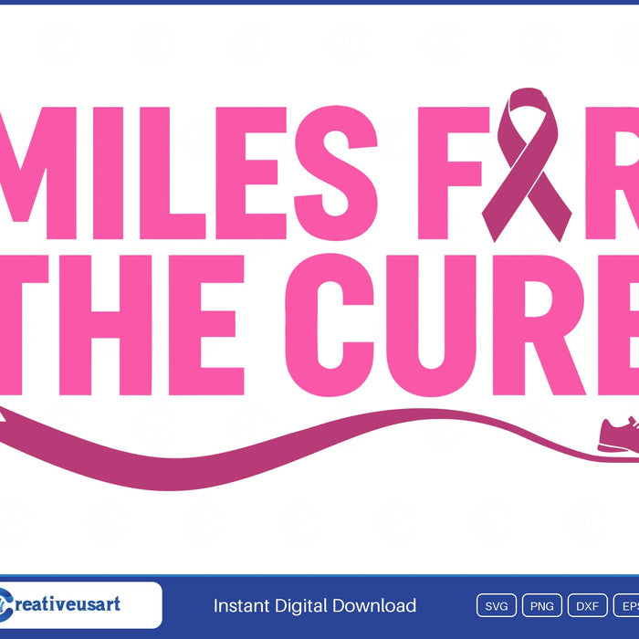 Miles For The Cure, a pink ribbon in place of the O and a running shoe on a track SVG design on a white background