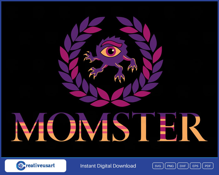 Momster Halloween with a cartoon monster peeking through a laurel wreath SVG design on a black background