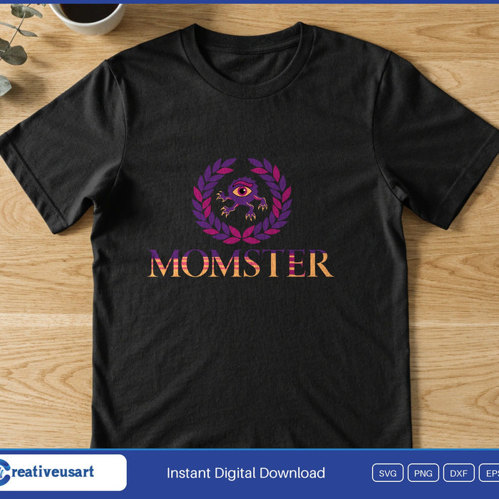 Momster Halloween with a cartoon monster peeking through a laurel wreath SVG printed on a black t-shirt
