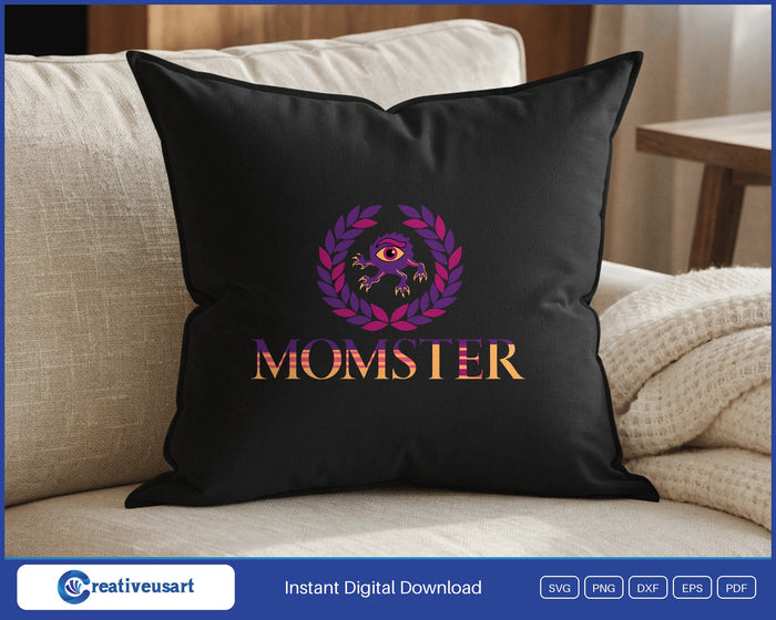 Momster Halloween with a cartoon monster peeking through a laurel wreath SVG design on a black throw pillow