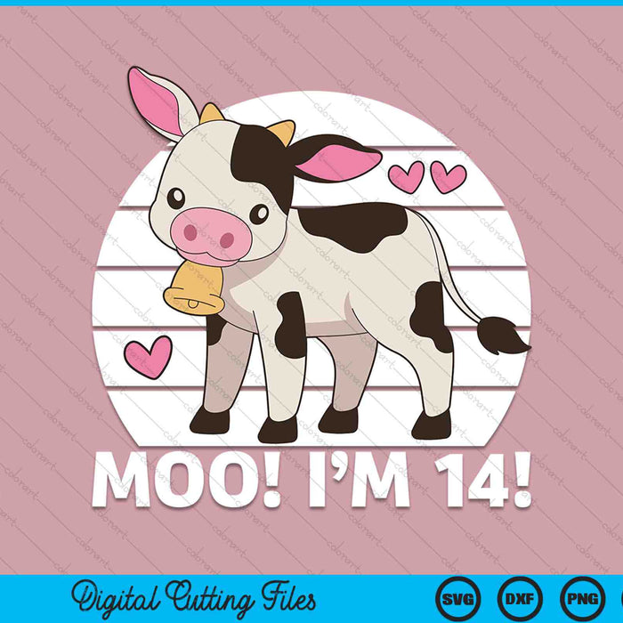 Moo I'm 14! Kids 14th Birthday Farm Outfit SVG PNG Cutting Printable Files