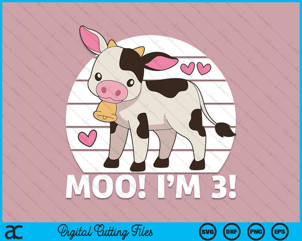 Moo I'm 3! Kids 3rd Birthday Farm Outfit SVG PNG Cutting Printable Files