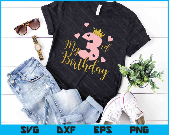 My 3rd Birthday Pink Girls Princess Gold Crown SVG PNG Cutting Printable Files