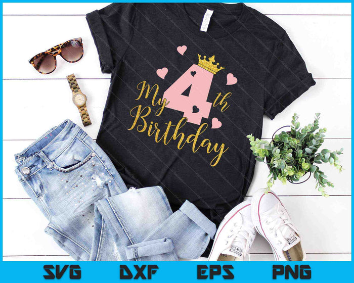 Mi 4to cumpleaños Pink Girls Princess Gold Crown SVG PNG Cortando archivos imprimibles