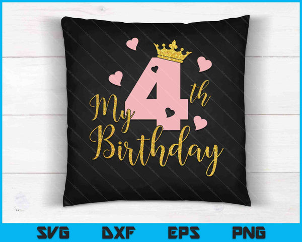 My 4th Birthday Pink Girls Princess Gold Crown SVG PNG Cutting Printable Files
