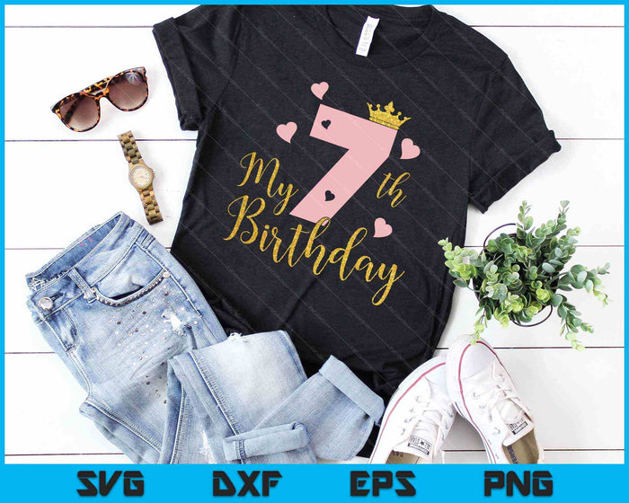 Mi 7o cumpleaños Pink Girls Princess Gold Crown SVG PNG Cortando archivos imprimibles