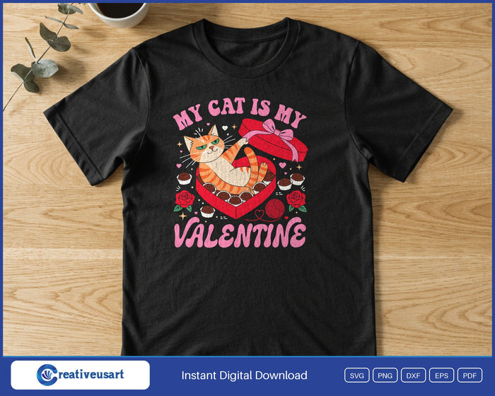 My Cat Is My Valentine chocolate box design printed on a black t-shirt