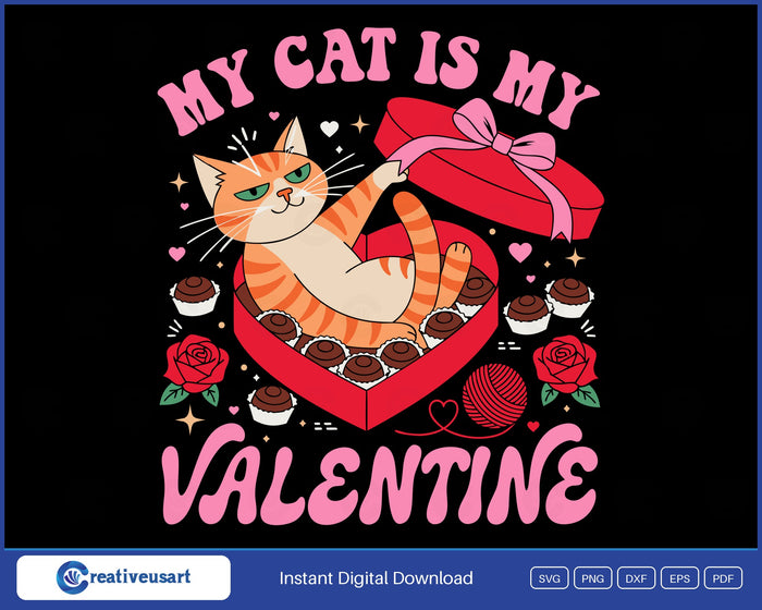 My Cat Is My Valentine SVG, smug ginger tabby lounging in a heart-shaped chocolate box with a pink bow