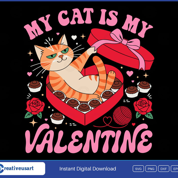 My Cat Is My Valentine SVG, smug ginger tabby lounging in a heart-shaped chocolate box with a pink bow