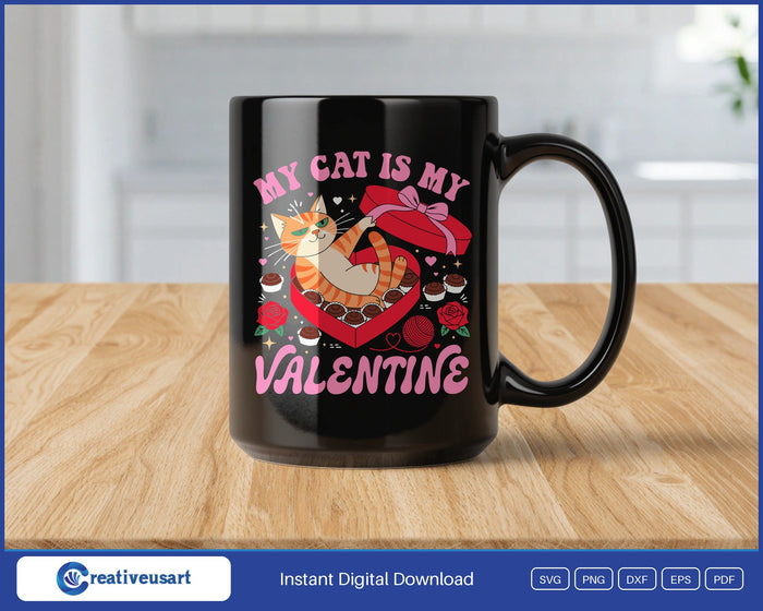 My Cat Is My Valentine chocolate box design on a black coffee mug