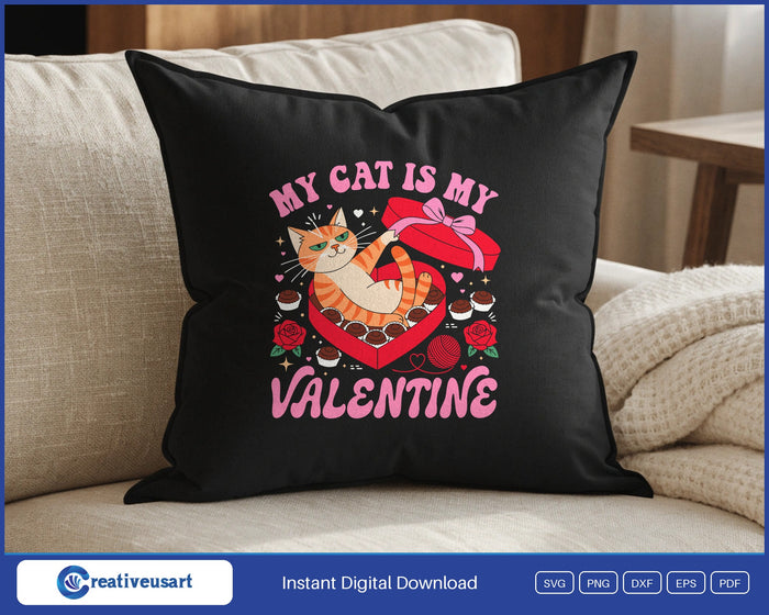 My Cat Is My Valentine chocolate box design on a black throw pillow