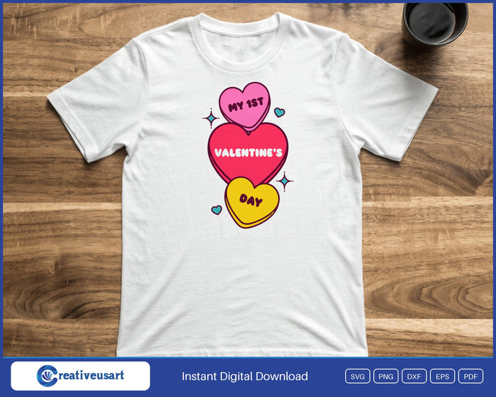 My First Valentines Day candy hearts SVG printed on a white t-shirt