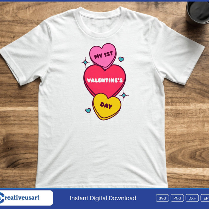 My First Valentines Day candy hearts SVG printed on a white t-shirt