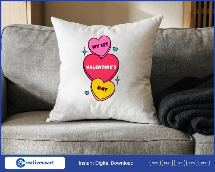 My First Valentines Day candy hearts SVG design on a white throw pillow