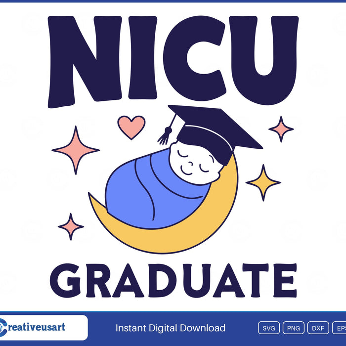 NICU Graduate SVG, a swaddled baby in a graduation cap sleeping on a yellow crescent moon
